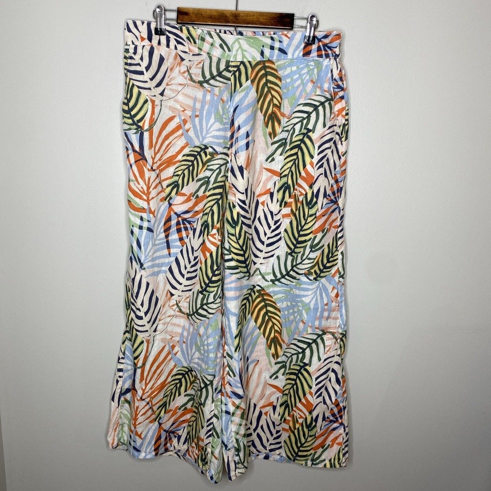 Tahari Linen Wide Leg Pants Womens XL Elastic Waist Floral Beach Vacation Cruise
